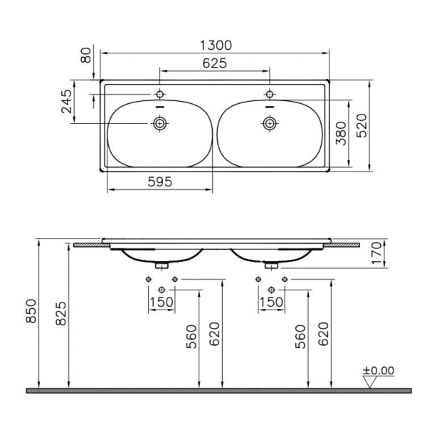 Vitra Equal Countertop Vanity Double Basin With Two overflow hole - 1000mm Wide - 2 Tap Hole - White - Image 2