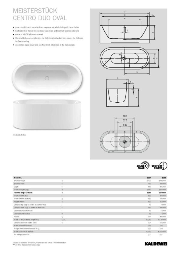 Kaldewei Meisterstuck Centro Duo Oval Freestanding Bath With Waste - 1700mm X 750mm  - 200140403001 - Image 3