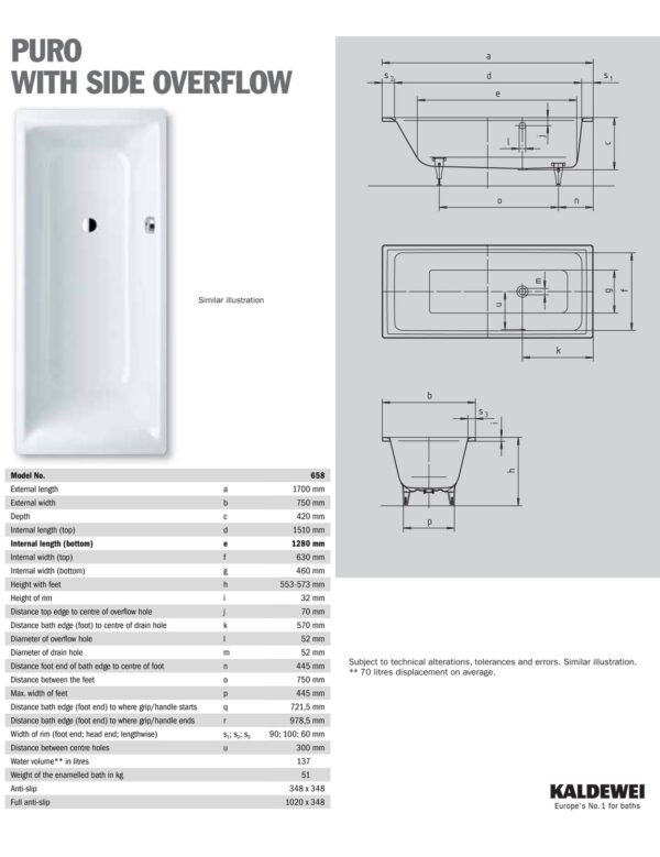 Kaldewei Puro Single Ended Bath With Left Side Overflow - 1700mm X 700mm 2 Tap Hole Not Full Anti Slip - 255820240001 - Image 3