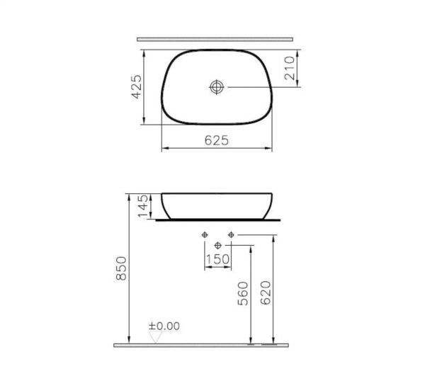 Vitra Outline TV Countertop Basin Inc Waste - 625mm x 425mm - 0 Tap Hole - Matt Taupe - Image 2