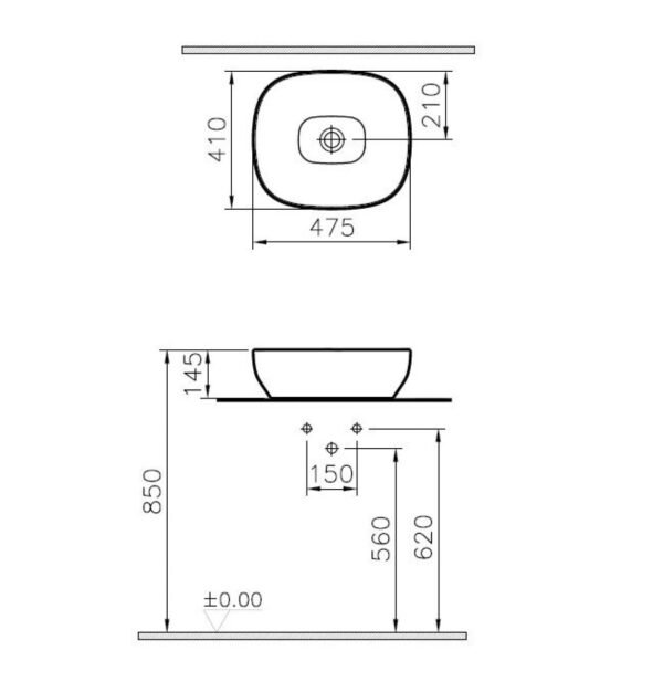 VitrA Outline Square Countertop Basin Inc Waste - 475mm x 410mm - 0 Tap Hole - White - Image 2