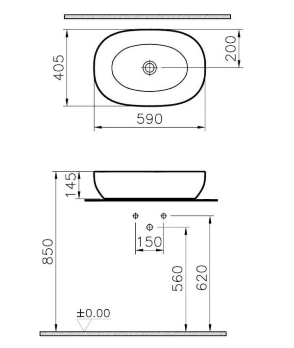 VitrA Outline Oval Countertop Basin Inc Waste - 590mm x 405mm - 0 Tap Hole - White - Image 2
