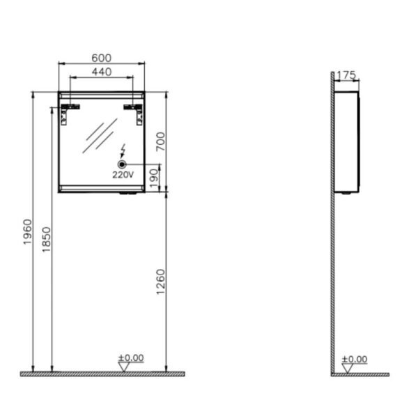 Vitra Frame 1 Door Illuminated Mirror Cabinet - 600mm X 700mm - Left Hinge - Matte Soft Black - Image 2
