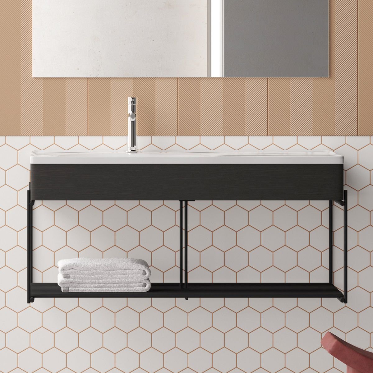 Vitra Equal Asymmetrical Vanity Unit With Twin Bowls With Black Shelf - 1000mm Wide - Oak