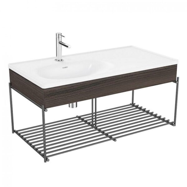 Vitra Equal Asymmetrical Vanity Unit With Twin Bowls With Black Shelf - 1000mm Wide - Elm
