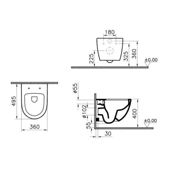 VitrA Sento Rimless Compact Wall Hung Toilet and Standard Seat and cover with chrome hinges - White - Image 2