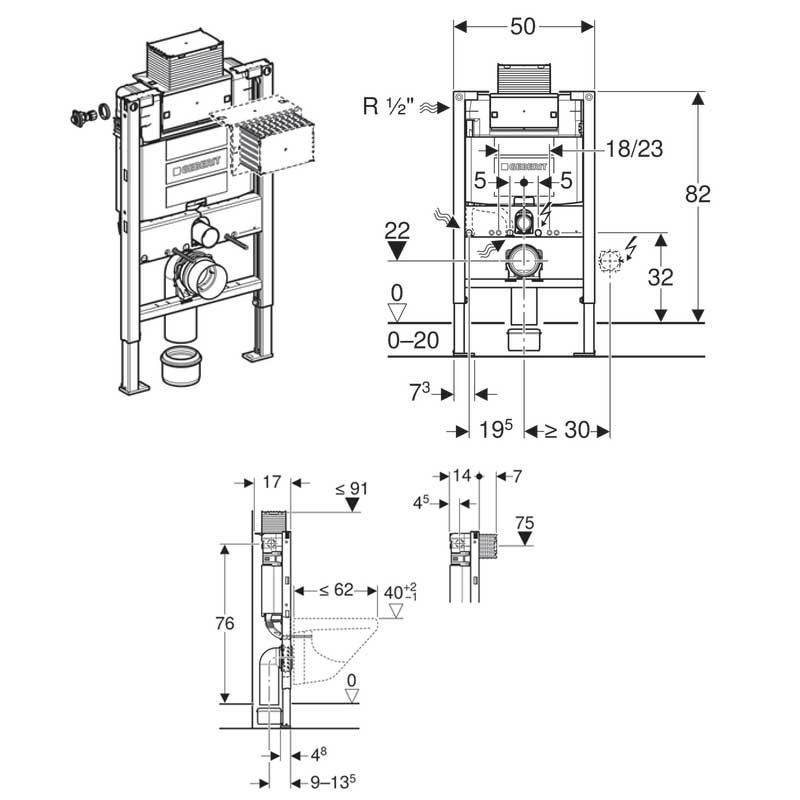 Geberit Duofix 820mm Wall Hung WC Toilet Frame With 120mm Omega Cistern ...