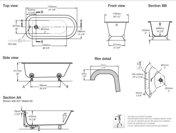 V & A Hampshire Freestanding Bath Brushed Nickel Ball & Claw Feet- 1750mm X 800mm - Image 3