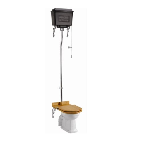 Burlington S trap High Level Toilet with Black Aluminium High Level Cistern,Kit, Pull Lever and Blue Soft Close Seat - White