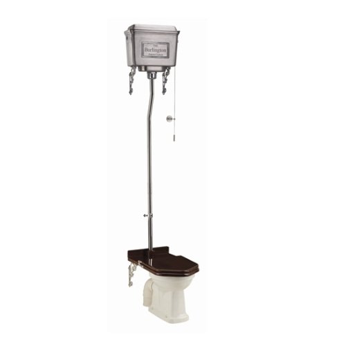 Burlington High Level Toilet with Brushed Aluminium High Level Cistern,Kit, Pull Lever and Mahogany Standard Seat - White