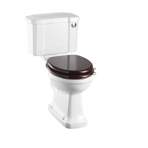 Burlington Close Coupled Toilet With Bottom inlet push button Slimline Cistern and Mahogany Soft Close Seat - White