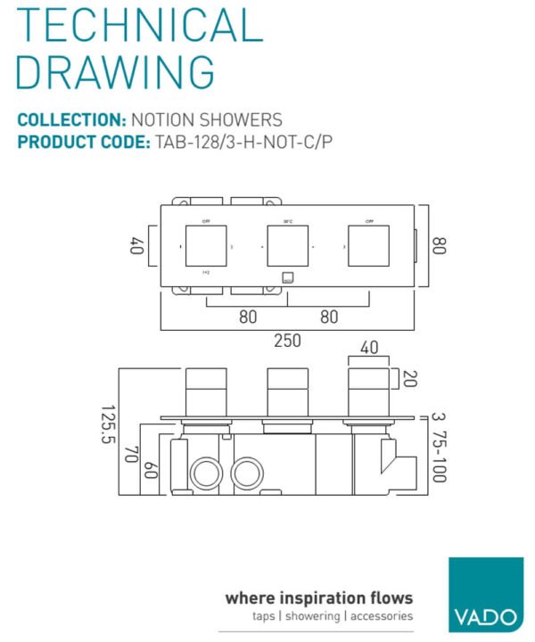 Vado Notion 3 Outlet 3 Handle Horizontal Thermostatic Shower Valve With All Flow Function Chrome - Image 2