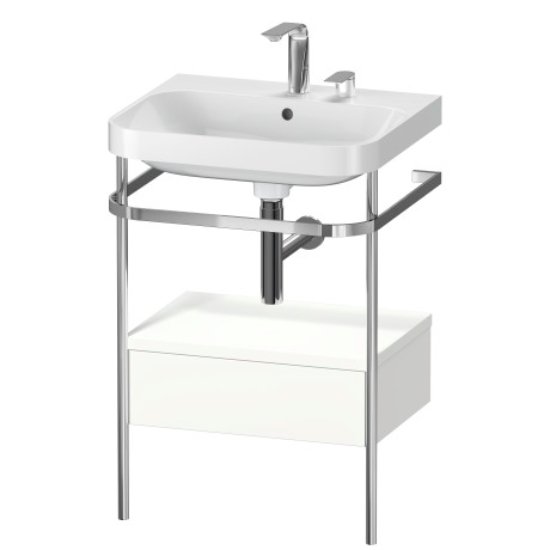 Duravit Happy D.2 Plus 1 Drawer Floor Standing Console With C Shaped Basin - 2 Tap Hole - 575mm X 490mm - White Satin Matt Lacquer