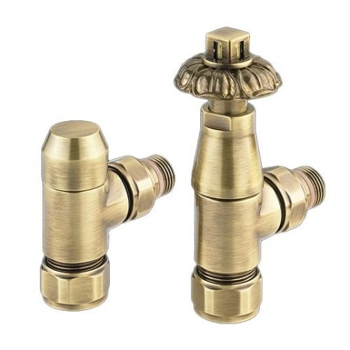 Zehnder Radiator Thermostatic Angled Antique Valve Set 17 - Brass