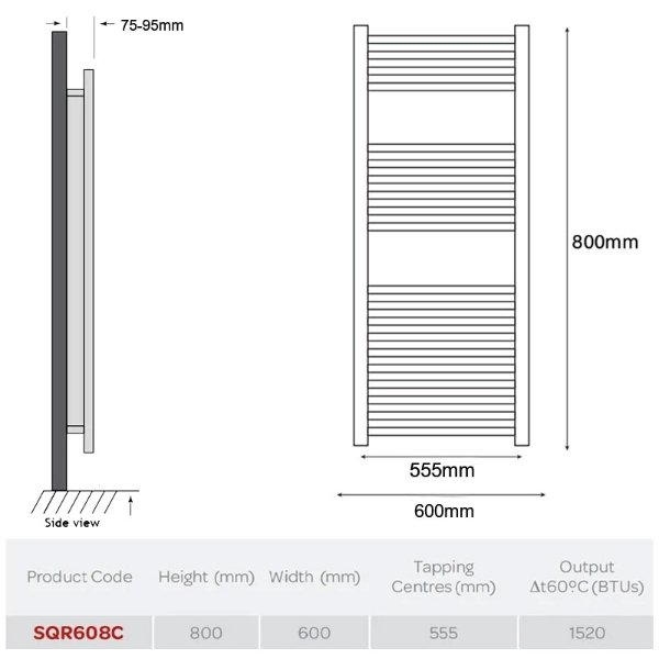 BSUK K-Squared Straight Designer Towel Rail - 800mm x 600mm - Chrome - Image 2