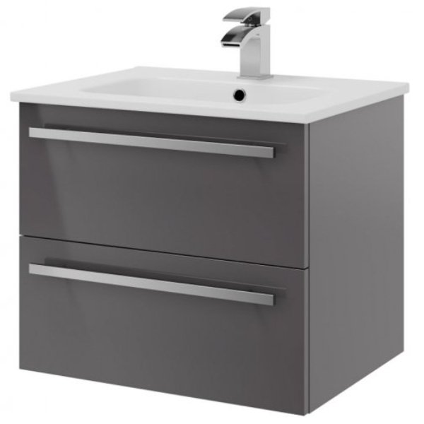 Bsuk Purity 600mm Double Drawer Wall Mounted Vanity Unit With Basin - Storm Grey Gloss