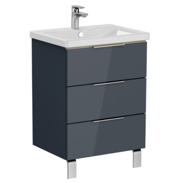 Vitra Ecora 3 Drawer Floor Standing Vanity Unit With Basin - 630mm Wide - High Gloss Anthracite