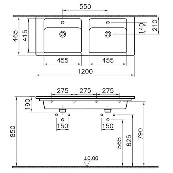 Vitra Integra Double Under Counter Basin - 1200mm Wide - 2 TH - White - Image 4