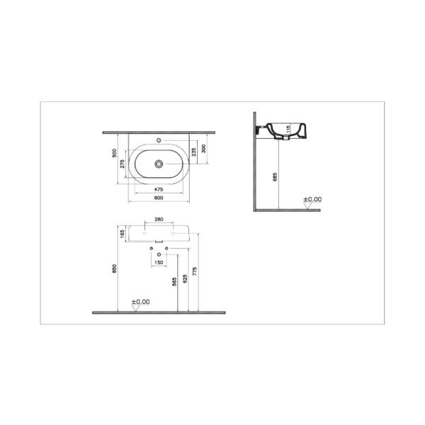 Vitra Liquid Wall Hung Basin Without Overflow - 600mm Wide - White - Image 5