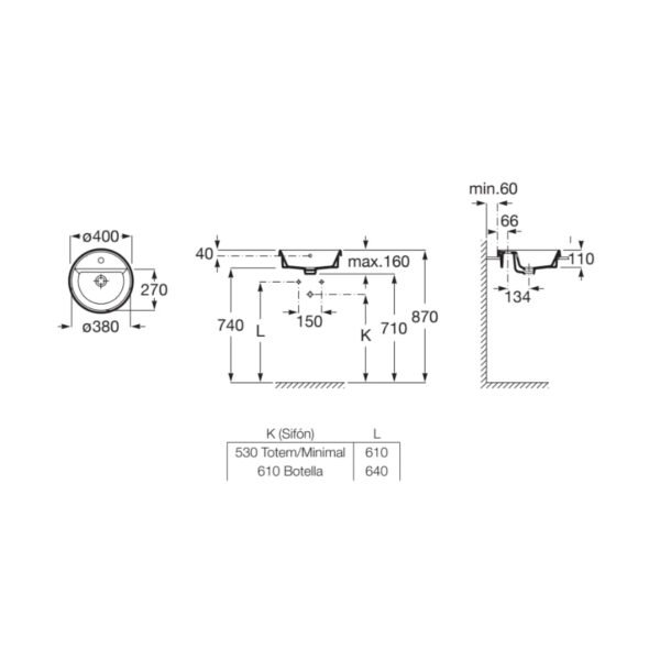 Roca The Gap Inset Basin - 400mm Wide - 1 TH - White - Image 2