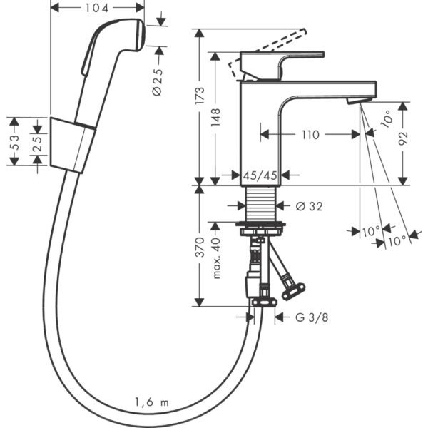 Hansgrohe Vernis Shape 100 Single Lever Basin Mixer Tap With Bidet Spray And 1600mm Shower Hose - 71216000 - Image 2