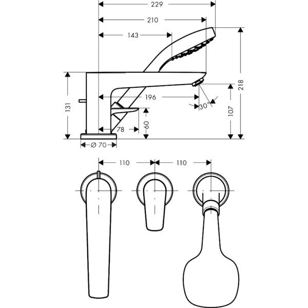 Hansgrohe Talis E 3-Hole Rim-Mounted Single Lever Secuflex Bath Shower Mixer Tap - 71730000 - Image 2