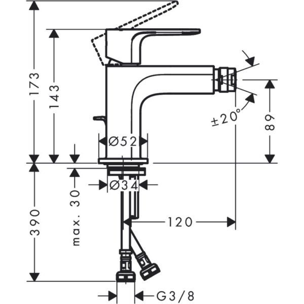 Hansgrohe Rebris E Single Lever Bidet Mixer Tap With Metal Pop Up Waste - Select Colour - Image 2