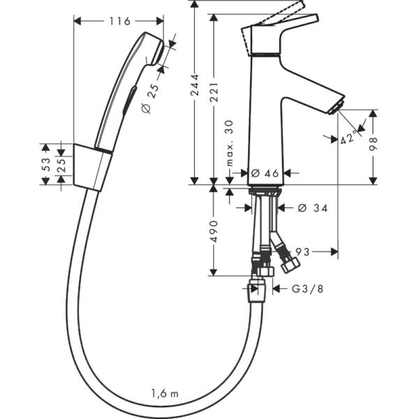 Hansgrohe Talis S Single Lever Basin Mixer With Bidet Spray And 1600mm Shower Hose - 72290000 - Image 2