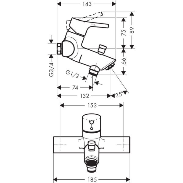 Hansgrohe Talis S Single Lever Exposed Bath Shower Mixer Tap With Centre Distance - 72401000 - Image 2