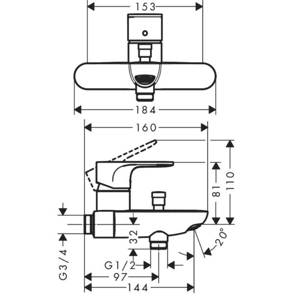Hansgrohe Rebris S Single Lever Exposed Bath Shower Mixer Tap With Centre Distance - 72442000 - Image 2