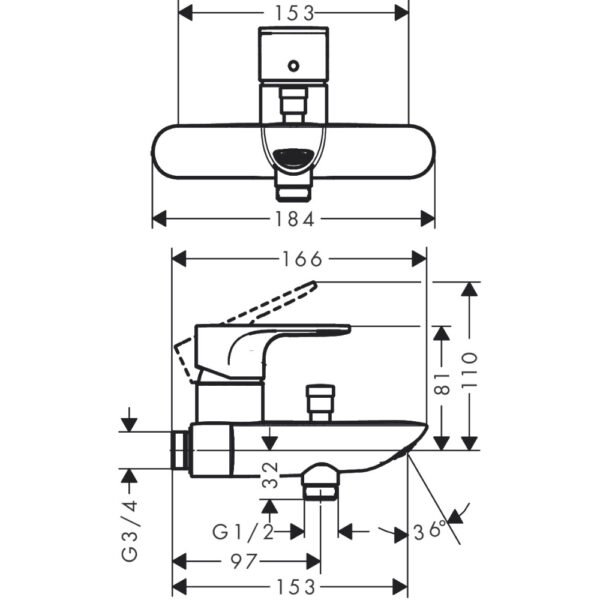 Hansgrohe Rebris E Single Lever Exposed Bath Shower Mixer Tap With Centre Distance - 72452000 - Image 2