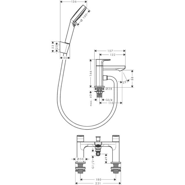 Hansgrohe Rebris E Two Hole Bath Shower Mixer Tap With Diverter Valve And Vernis Blend Hand Shower Handset - Select Colour - Image 2