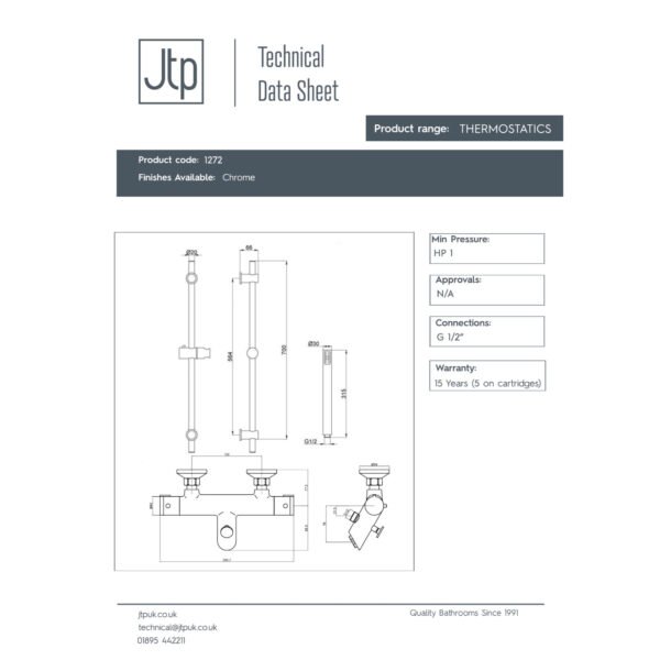 Just Taps Plus Thermostatic Bath Shower Mixer With Slide Rail Kit And Multi-Function Hand Shower - Chrome - Image 2