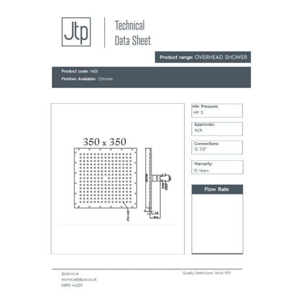 Just Taps Plus Square Fixed Shower Head - 350mm X 350mm - Chrome - Image 2