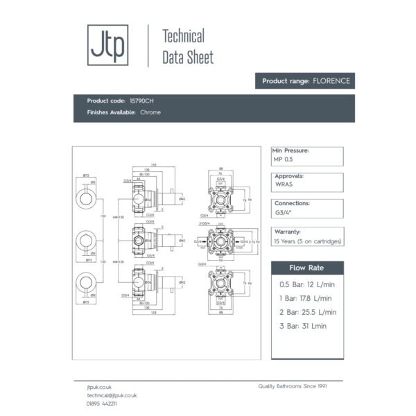 Just Taps Plus Florence Modular 2 Outlet 3 Handle Thermostatic Concealed Shower Valve - Chrome - Image 2