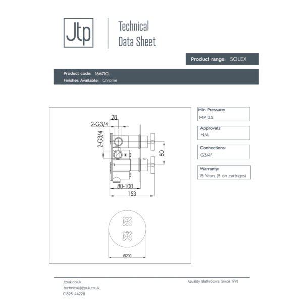 Just Taps Plus Solex 2 Outlet Round Thermostatic Concealed Shower Valve - Chrome - Image 2
