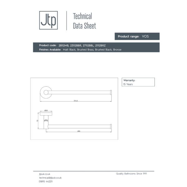 Just Taps Plus Vos Towel Bar - 300mm Long - Image 2