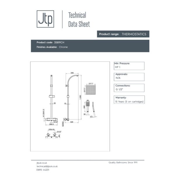 Just Taps Plus Kubix Thermostatic Shower Mixer With Rigid Riser And Overhead Shower - Chrome - Image 2