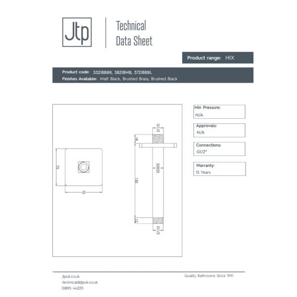 Just Taps Plus Hix Ceiling Mounted Shower Arm - 150mm Long - Image 2