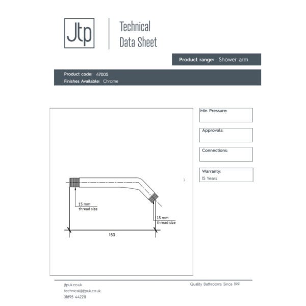 Just Taps Plus Techno Wall Mounted Shower Arm - 150mm Long - Chrome - Image 2