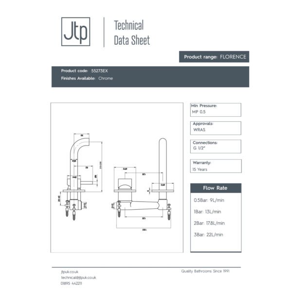 Just Taps Plus Florence Wall Mounted Basin Mixer Tap With Spout - 240mm Length - Chrome - Image 2