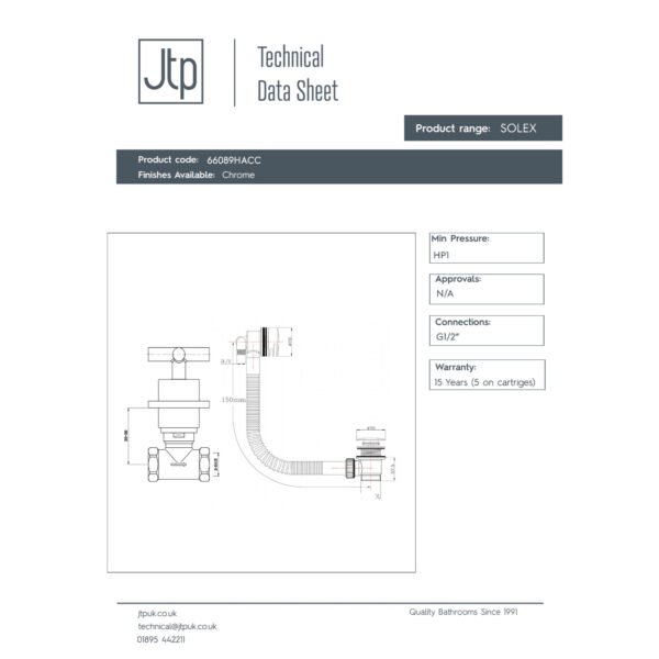 Just Taps Plus Solex Concealed Valves With Slim Click Clack Exofil Bath Waste - Chrome - Image 2