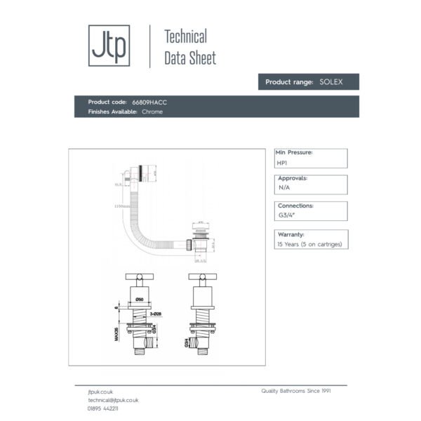 Just Taps Plus Solex Panel Valves With Slim Click Clack Exofil Bath Waste - Chrome - Image 2