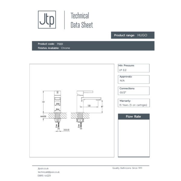 Just Taps Plus Hugo Deck Mounted Basin Mixer Tap - Chrome - Image 2