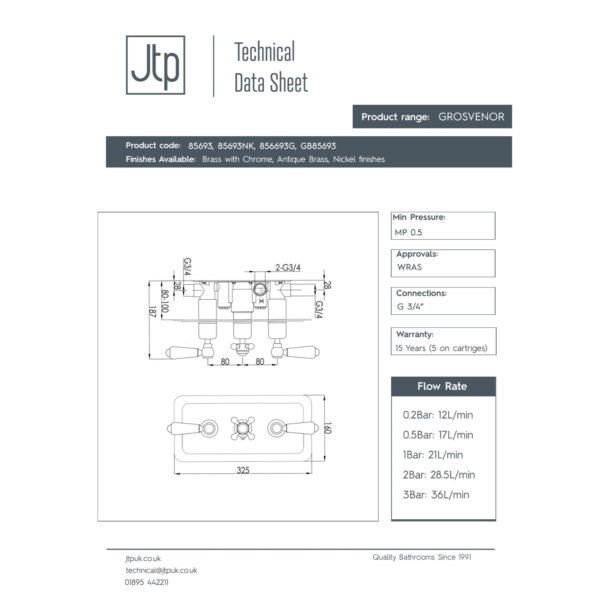 Just Taps Plus Grosvenor 2 Outlet Horizontal Lever Thermostatic Concealed Shower Valve - Image 2