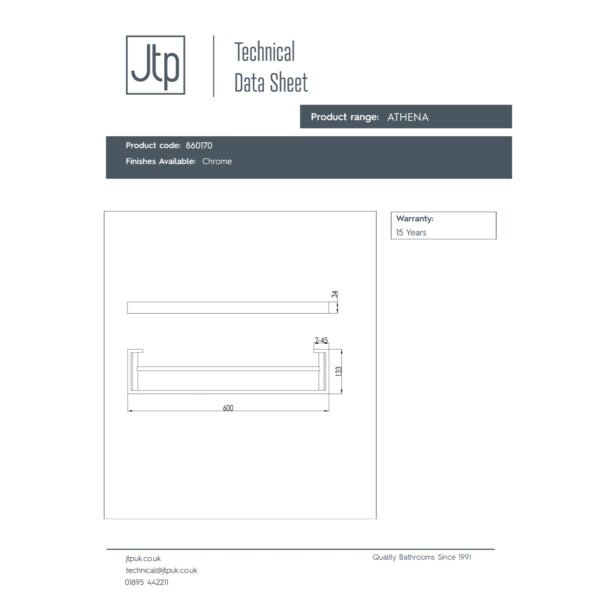 Just Taps Plus Athena Twin Towel Bar - 600mm Wide - Chrome - Image 2