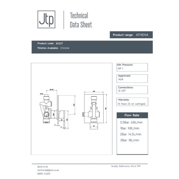 Just Taps Plus Athena 1 Handle Manual Shower Valve - Chrome - Image 2