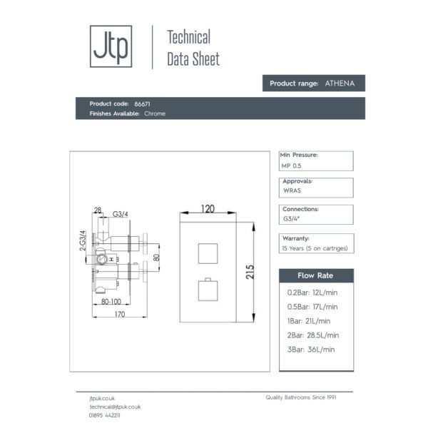 Just Taps Plus Athena 2 Outlet With 2 Handle Thermostatic Concealed Shower Valve - Chrome - Image 2