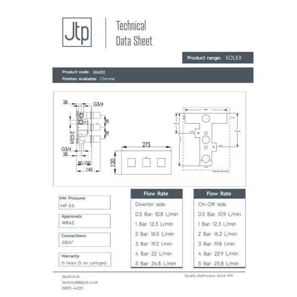 Just Taps Plus Athena 3 Outlet With 3 Handle Thermostatic Concealed Horizontal Shower Valve - Chrome - Image 2