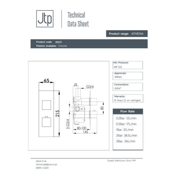 Just Taps Plus Athena 1 Outlet With 2 Handle Slimline Thermostatic Concealed Shower Valve - Chrome - Image 2